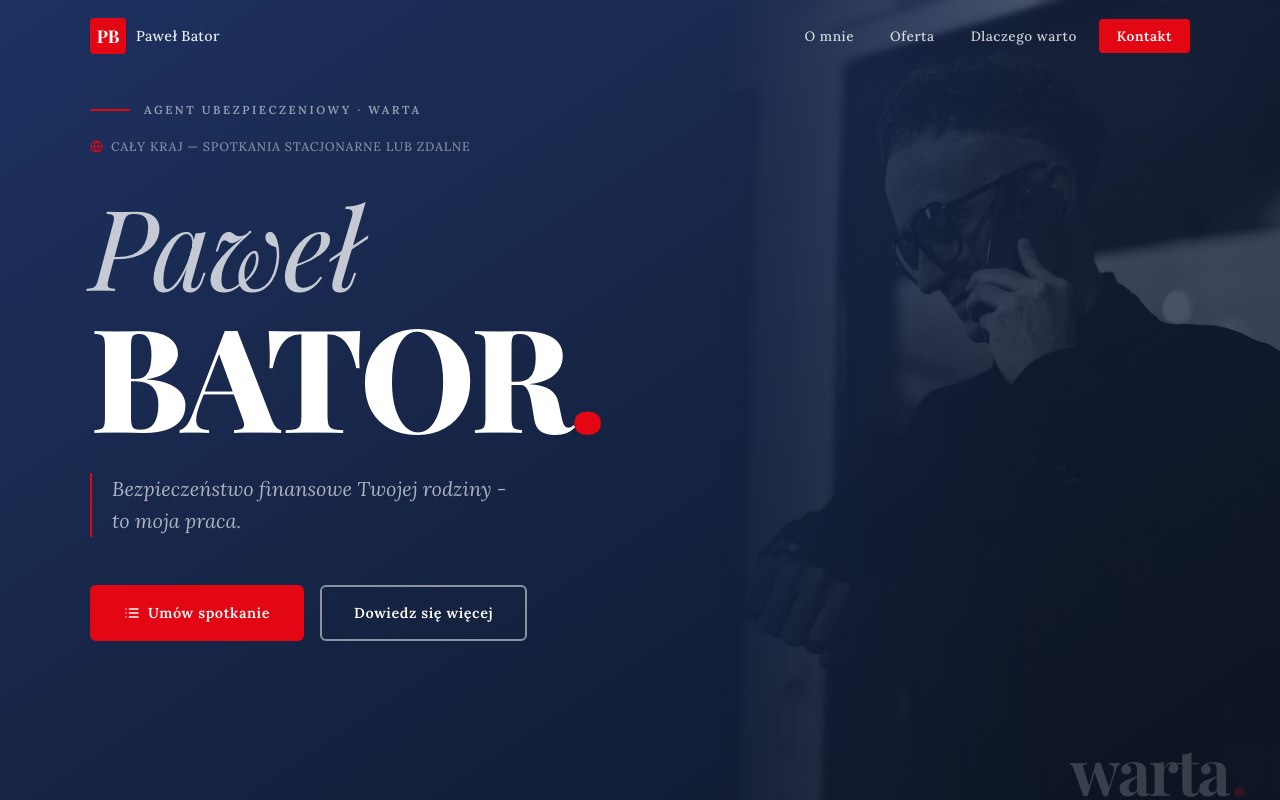 pawelbator.pl – Strona landing page dla agenta ubezpieczeniowego Warta – Paweł Bator.
